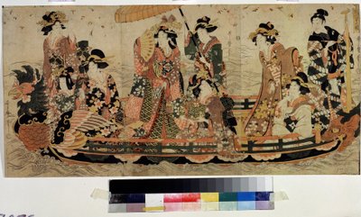 桜を愛でる（花見）（お花見、花見）。 二代目喜多川歌麿（?-1831）の版画。 カラーエッチング、37 x 76 cm。 東洋美術。 プーシキン美術館、モスクワ 作： Kitagawa II Utamaro