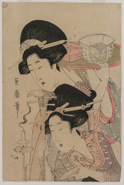 ろうそくの横にある 2 つの芸者 作： Kitagawa Tsukimaro
