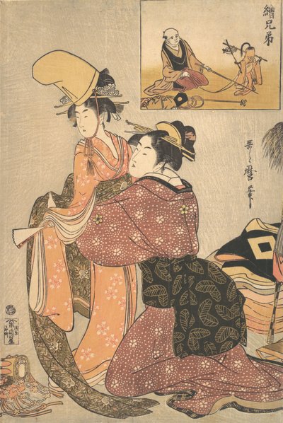 歌舞伎で女装する女「道成寺娘…」 1795-96。 作： Kitagawa Utamaro