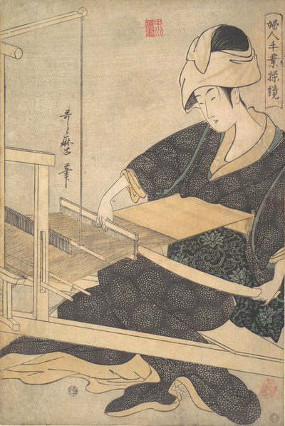 手織機に座って機織りをする女性 1796年。 作： Kitagawa Utamaro