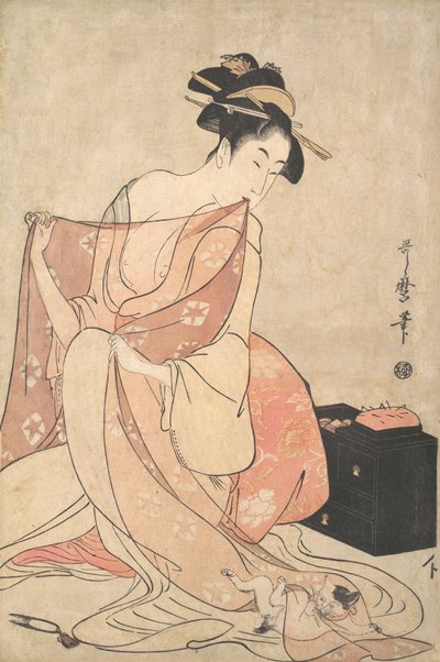 女と猫」1793-94年頃の作品。 作： Kitagawa Utamaro