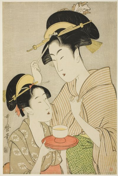 別の女性にお茶を提供する若い女の子 作： Kitagawa Utamaro