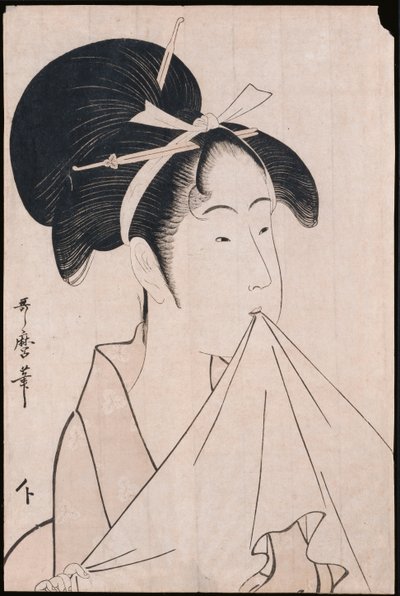 ハンドタオルを歯にのせて布を伸ばしている浪花家の沖田の胸像 作： Kitagawa Utamaro