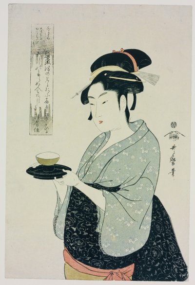 有名なお茶屋のウェイトレスがお茶を出す姿を描いたなにわや沖田の半身像 作： Kitagawa Utamaro