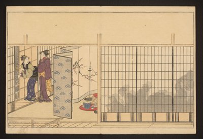左側に女性が 2 人いる家でのパーティー 作： Kitagawa Utamaro
