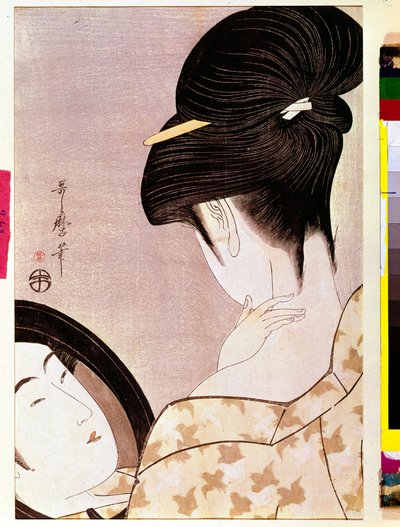 笠で首に力を入れる女性 喜多川歌麿（1753-1806）の日本の版画 - 日 0,37x0,22 m - 1795-1796 - パリ、ギメ美術館、国立アジア美術博物館 作： Kitagawa Utamaro