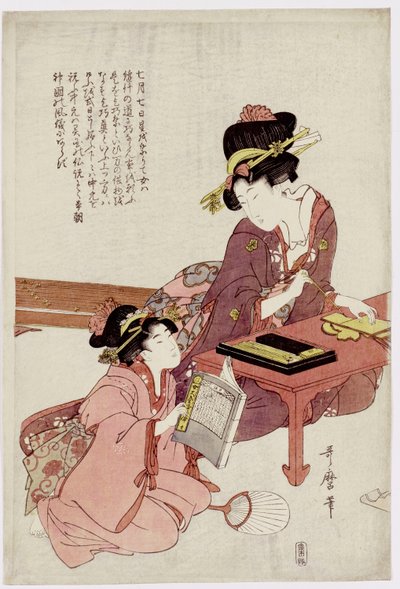 机に座って書いている本を持つ少女 作： Kitagawa Utamaro