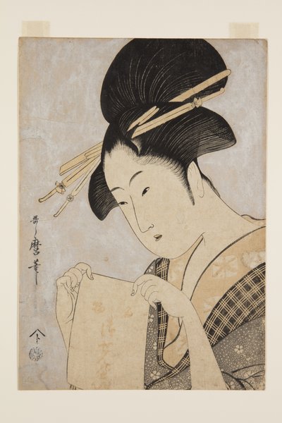 手ぬぐいを持った美女（カラー木版画 作： Kitagawa Utamaro