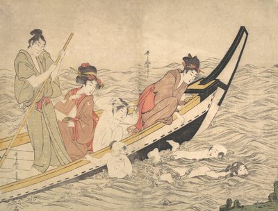 18 世紀後半の水泳の子供たちとのボート パーティー。 作： Kitagawa Utamaro