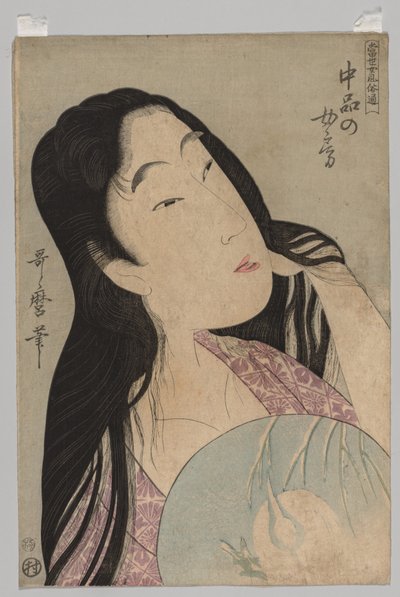 扇子を持つゆるい髪の女性のバスト 作： Kitagawa Utamaro