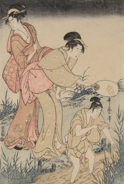 柳の木の下でホタルを捕まえる（右） 作： Kitagawa Utamaro