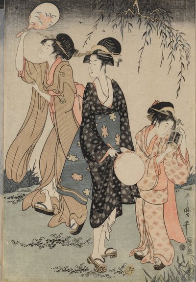 柳の木の中心の下でホタルを捕まえるc。 1796-1797。 作： Kitagawa Utamaro