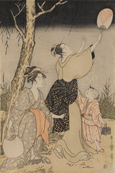 左側の柳の木の下でホタルを捕まえるc。 1796-1797。 作： Kitagawa Utamaro