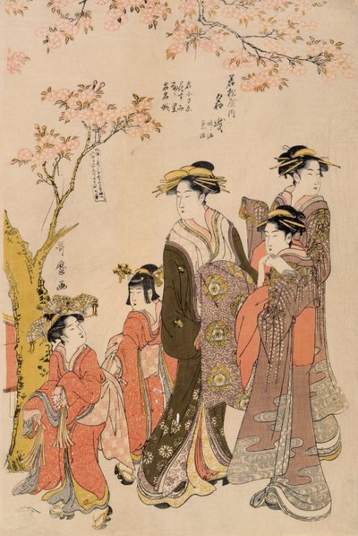 桜の下を散歩する遊女、1789年頃（版画）（203664の詳細） 作： Kitagawa Utamaro