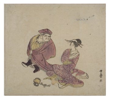 座っている女性と会話する大黒（立っている）、c.1758-1806（紙に木版画） 作： Kitagawa Utamaro