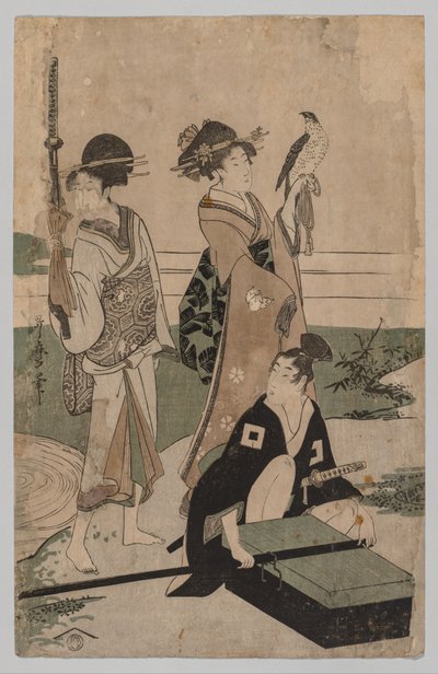 富士近辺の平原で小川を渡る大名と従者 作： Kitagawa Utamaro