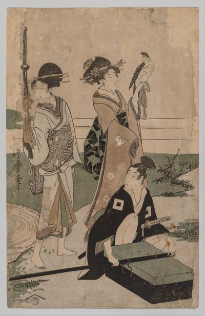 富士近辺の平原で小川を渡る大名と従者 作： Kitagawa Utamaro