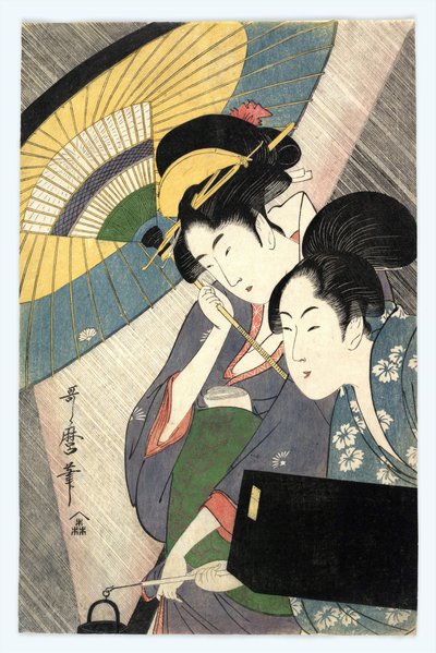 歌麿・喜多川（1753-1806）の「傘をさす二人の女」。 作： Kitagawa Utamaro