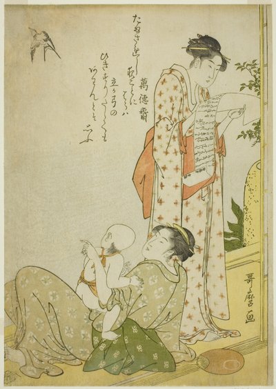 えゔぇにんｇ こおｌ おん てぇ ゔぇらんだｈ （えんさき の ゆすずみ）： げんれ ｓせねｓ うぃｔｈ きょか ぽえｍｓ、 いん あいばん ふぉｒまｔ （きょかーいり あいばん ふぞく ず） 作： Kitagawa Utamaro