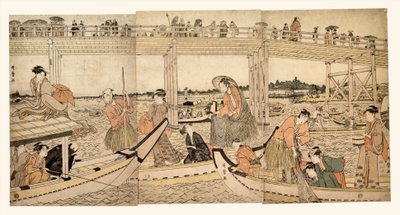 両国橋の下で網を張る漁船 作： Kitagawa Utamaro