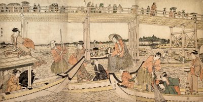 両国橋の下の漁網漁船、1790年代。 作： Kitagawa Utamaro