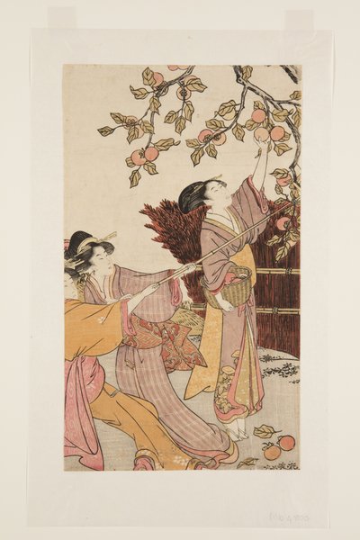 柿の実を集める（カラー木版画 作： 北川歌ro
