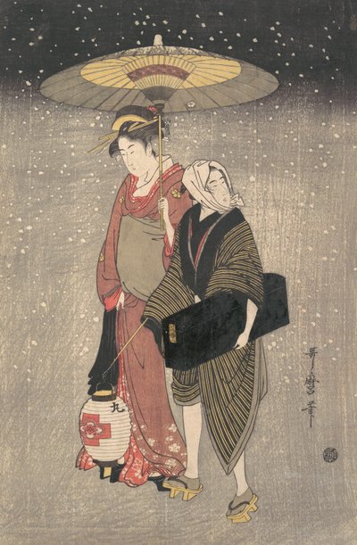 夜の雪の中を歩く芸者、1797年頃。 作： Kitagawa Utamaro
