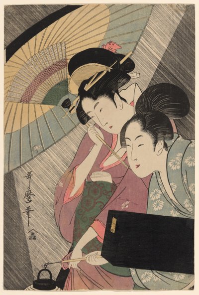 雨夜の芸妓とお供 作： Kitagawa Utamaro