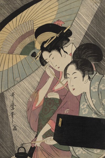 雨の夜の芸者とアテンダント、1797年頃 作： Kitagawa Utamaro