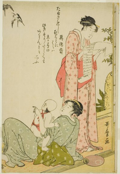 スズメを見つめる母子に手紙を読む少女 作： Kitagawa Utamaro