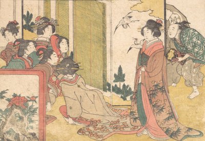 四季の花、1801年の図鑑より、パフォーマーによって楽しまれる女の子。 作： Kitagawa Utamaro