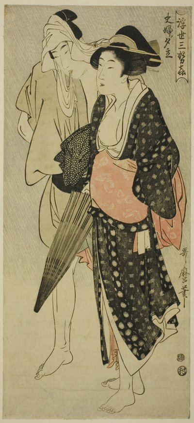 『浮世三関』より 夫婦の夕立 作： Kitagawa Utamaro
