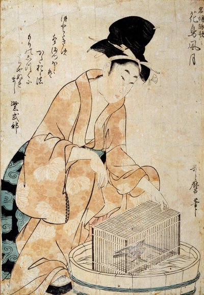日本美術：鳥かごの前に座る女性。喜多川歌麿（1753-1806）のデッサン 18世紀 レンヌ、ミュゼ・デ・ボザール 作： Kitagawa Utamaro