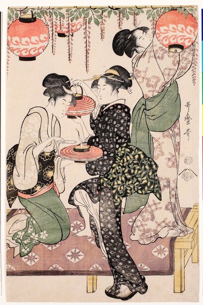 藤のエスパリエから提灯を吊るす日本の茶屋の若い女の子 - 喜多川歌麿 (1753-1806) による版画、1795年頃、リノカット - 藤のエスパリエの下の茶屋の少女 - 喜多川歌麿 (1753-1806) によるカラー リノカット、ca1 作： Kitagawa Utamaro