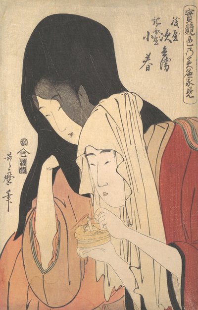 神谷治兵衛が紀伊国屋の芸者・小春と駆け落ちする場面（1798-99年頃）。 作： Kitagawa Utamaro