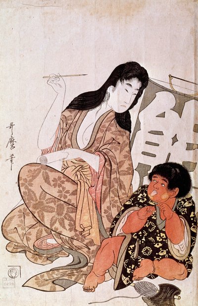 金太郎と山姥の書、セリー：山姥と金太郎 喜多川歌麿（1753-1806）の日本の版画。日曜大工。0.38×0.26m。1790-1806年。パリ、ギメ美術館、国立アジア美術館 作： Kitagawa Utamaro