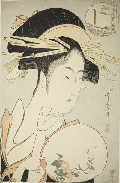 松葉屋の黄瀬川、1795～96年頃（カラー木版画、大判） 作： Kitagawa Utamaro