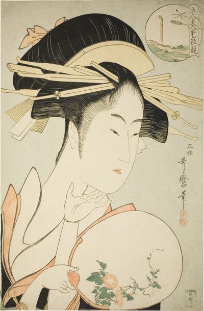 松葉屋の黄瀬川 「五人美人愛嬌くらべ」シリーズより 作： Kitagawa Utamaro