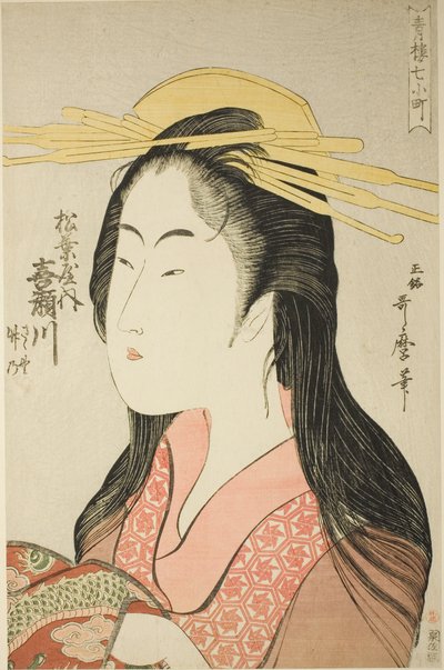 Kisegawa of the Matsubaya, [whose attendants are] Sasano, Takeno (Matsubaya uchi Kisegawa, Sasano, Takeno), from the series “Seven Komachi of Yoshiwara” ("Seiro nana Komachi") 作： Kitagawa Utamaro