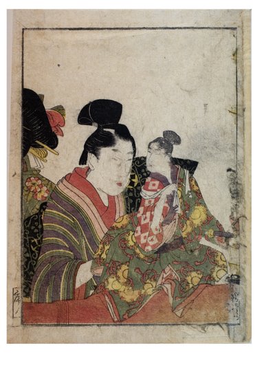 男性と女性のマニピュレーターによるマリオネットのシーン、c。 1758-1806年（紙に木版画） 作： Kitagawa Utamaro