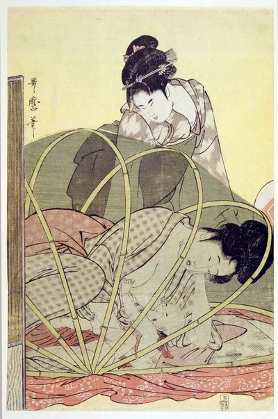 蚊帳の中で赤ん坊をあやす母親 par 歌麿、喜多川（1753-1806）、1795年頃 - カラー木版、37,6x24,6 - 個人蔵 作： Kitagawa Utamaro