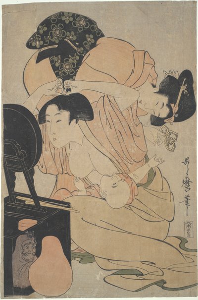 授乳中の赤ちゃんとアテンダントを持つ母親 作： Kitagawa Utamaro