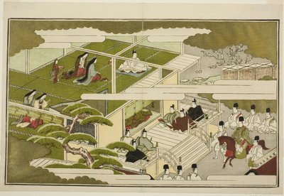 宮廷での正月、挿絵付きアンソロジー「若き神の巣（家の巣）」より 作： Kitagawa Utamaro