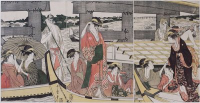 両国橋の上と下c。 1796 作： Kitagawa Utamaro