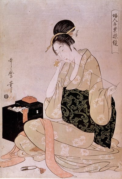 裁縫、女性の手仕事シリーズ：歯で糸を切るクティリエール 喜多川歌麿（1753-1806）の日本の版画。センチ。0.37×0.26m。18世紀。パリ、ギメ美術館、国立アジア美術館 作： Kitagawa Utamaro