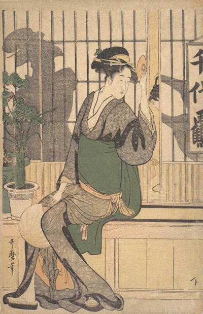 障子に映る影、1790年代。 作： Kitagawa Utamaro