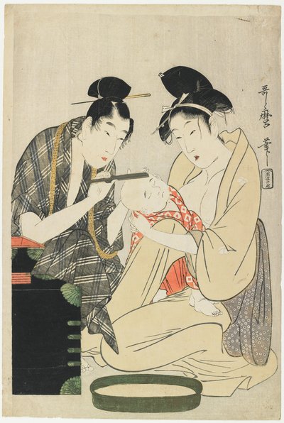 少年の頭を剃る、江戸時代、1801年頃（カラー木版） 作： Kitagawa Utamaro