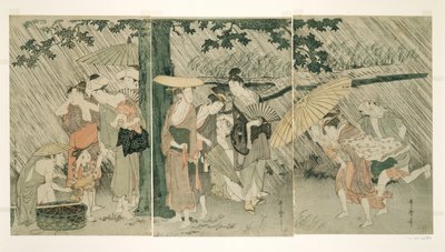突然のにわか雨からの避難 作： Kitagawa Utamaro