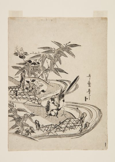 スズメ（カラー木版画 作： Kitagawa Utamaro