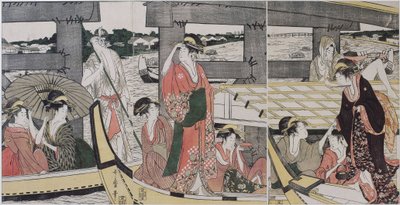 歌麿・喜多川（1753-1806）の「両国橋の上と下」、1796年頃 - カラー木版、38,2x74,6 - 個人蔵 作： Kitagawa Utamaro
